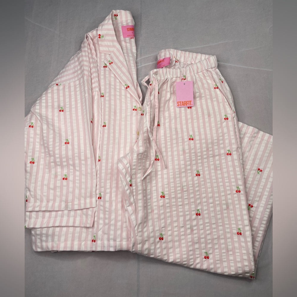 Starfit Long Pajama set Pink Stripper Cherry 🍒 Embroidered Size Medium NWT